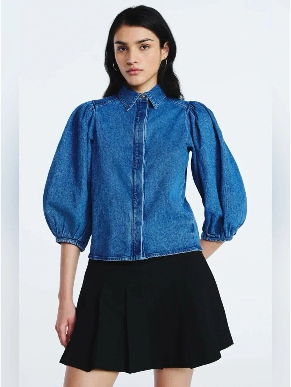 Scoop Denim Puff Sleeve Button-Front Shirt med wash Blue XS ($45)
